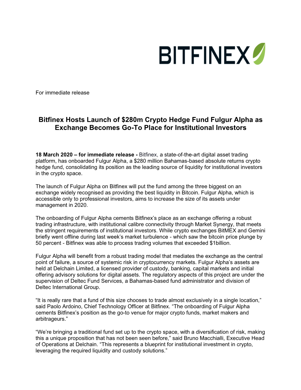 Bitfinex Hosts Launch of $280M Crypto Hedge Fund Fulgur Alpha As Exchange Becomes Go-To Place for Institutional Investors