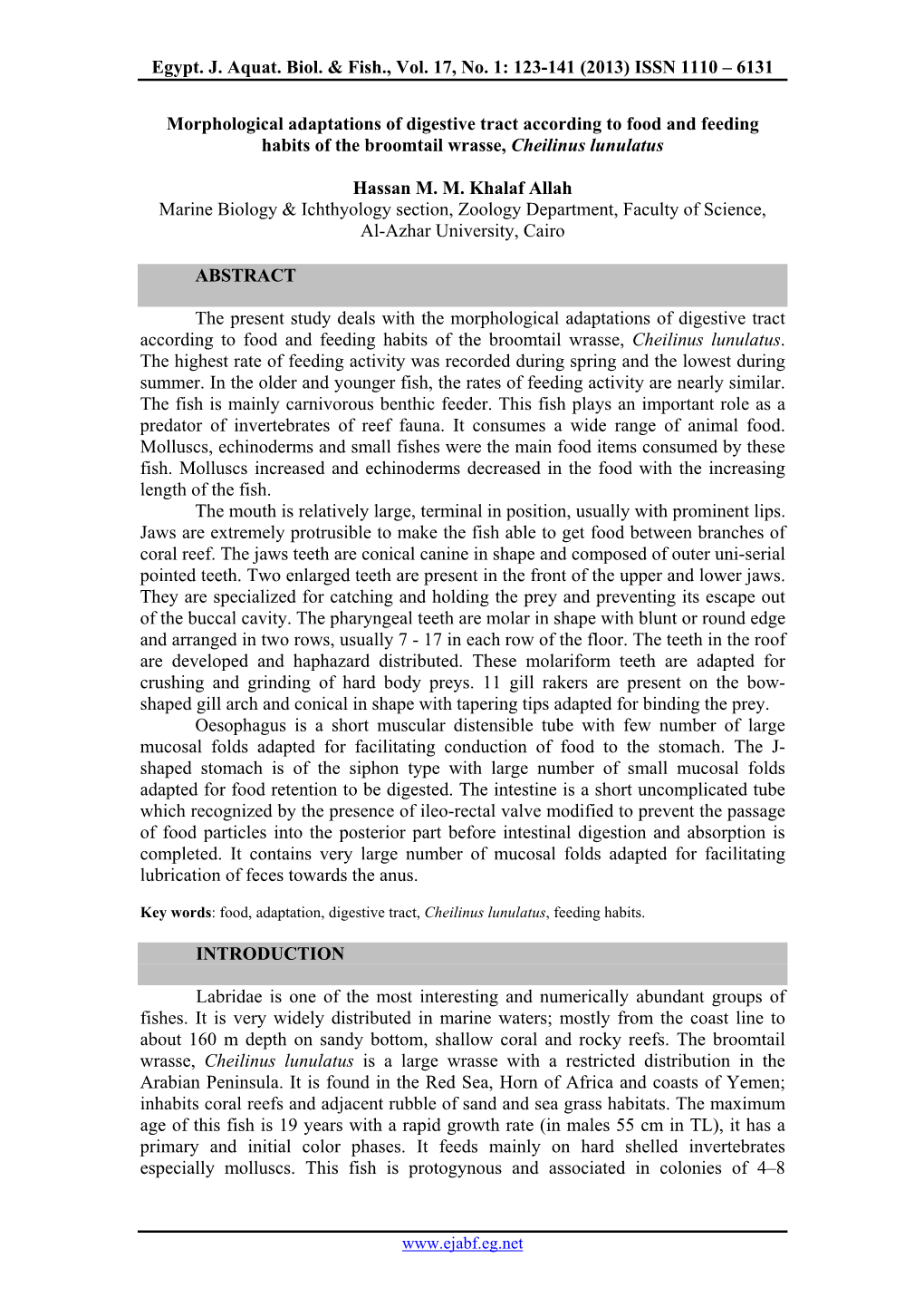 Morphological Adaptations of Digestive Tract According to Food and Feeding Habits of the Broomtail Wrasse, Cheilinus Lunulatus