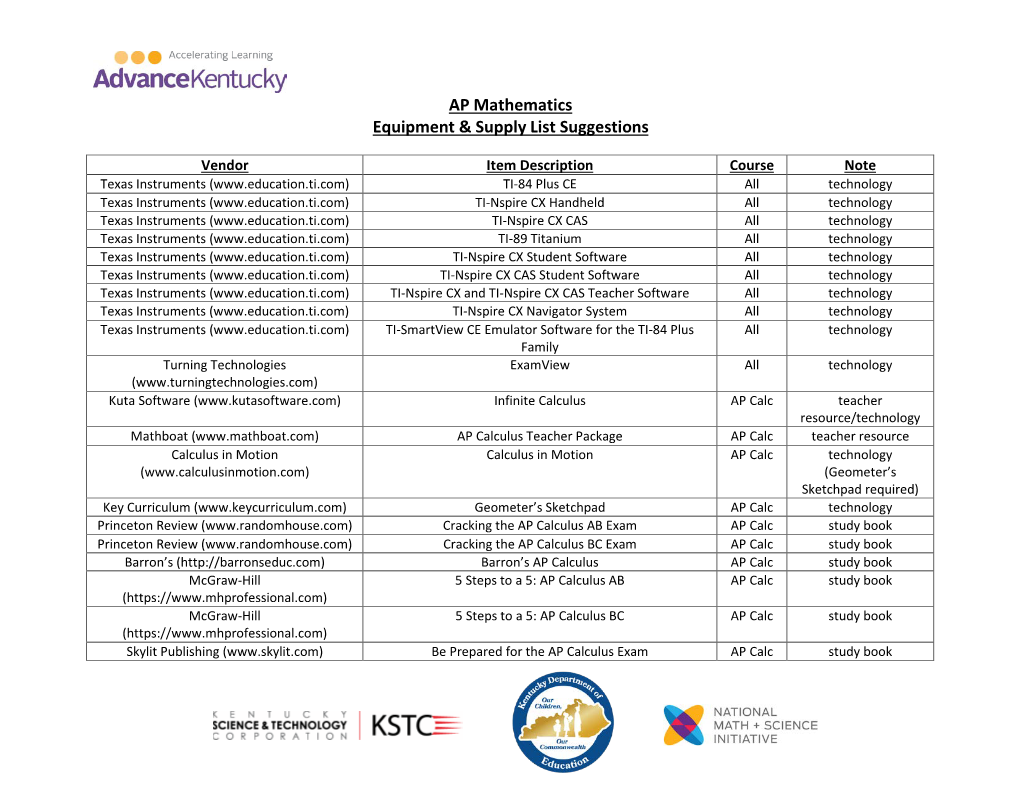 AP Mathematics Equipment & Supply List Suggestions