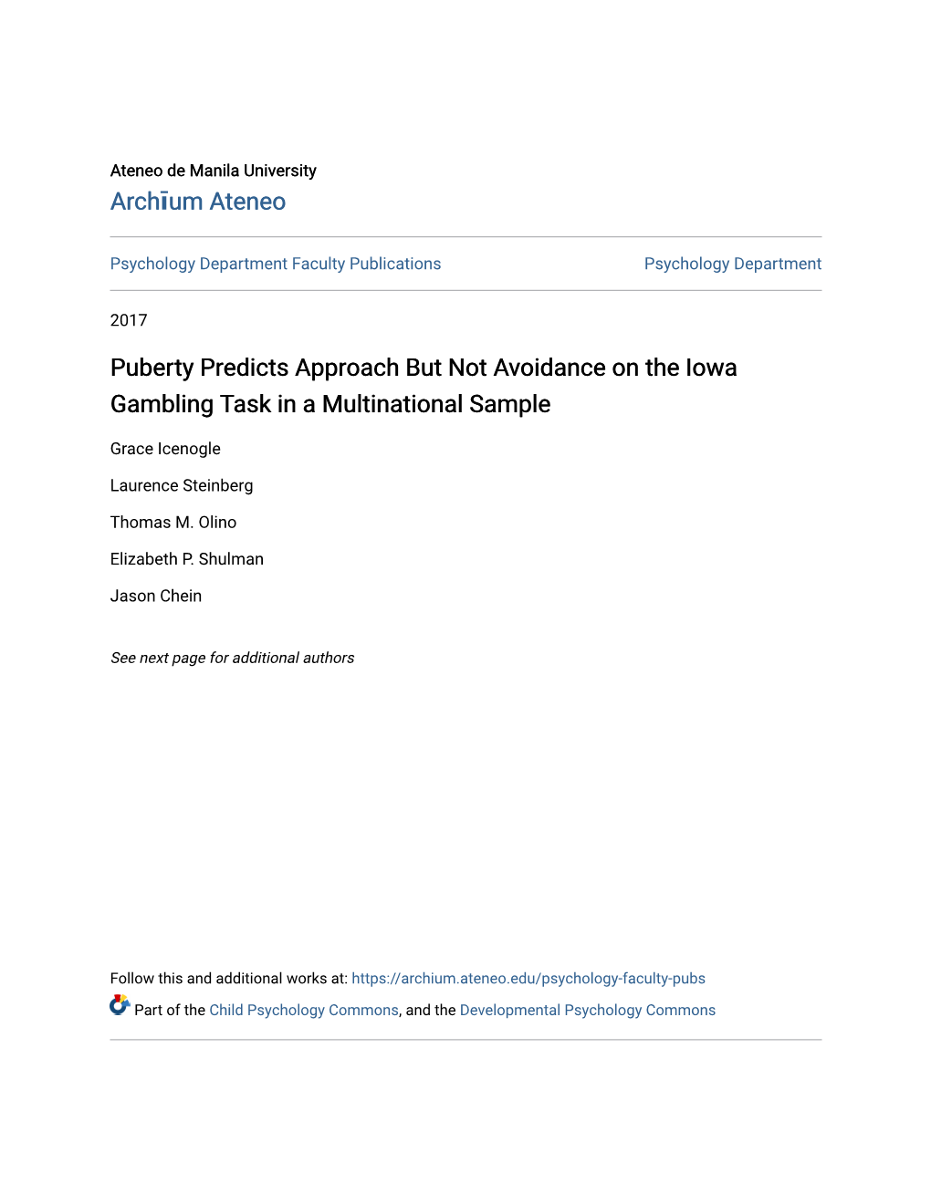 Puberty Predicts Approach but Not Avoidance on the Iowa Gambling Task in a Multinational Sample