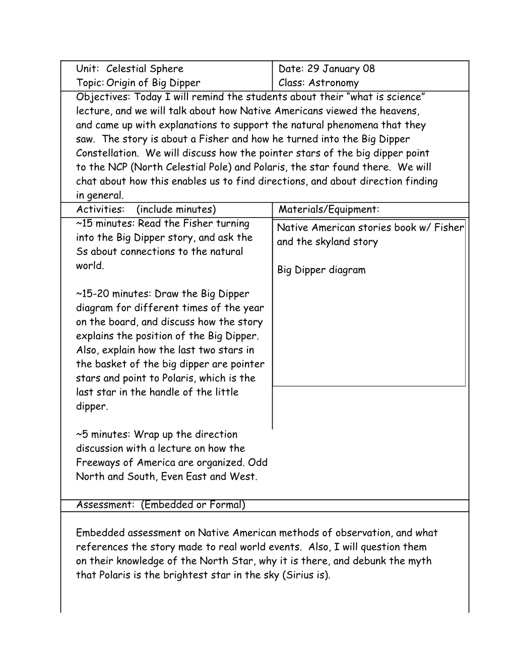 Topic: Origin of Big Dipper Class: Astronomy