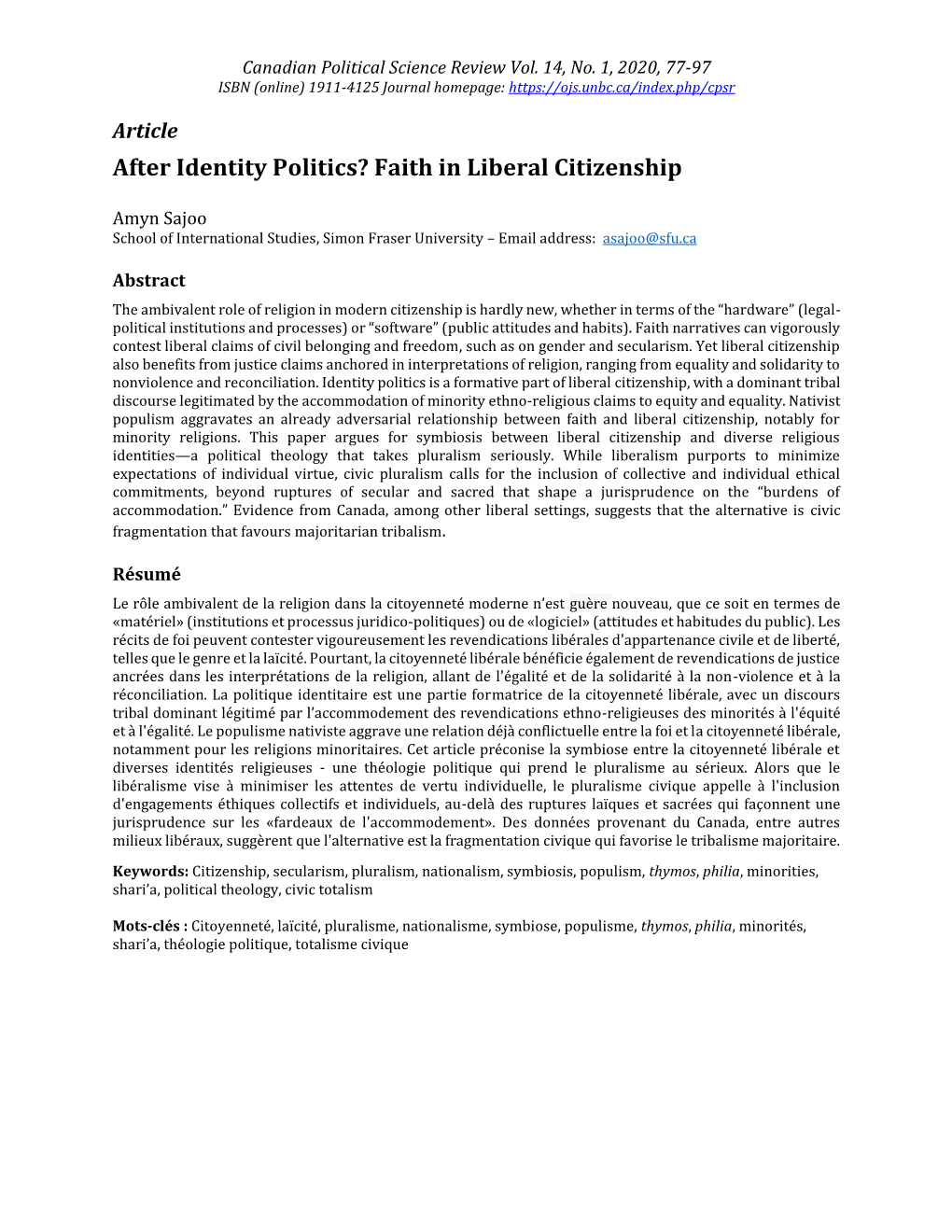 After Identity Politics? Faith in Liberal Citizenship