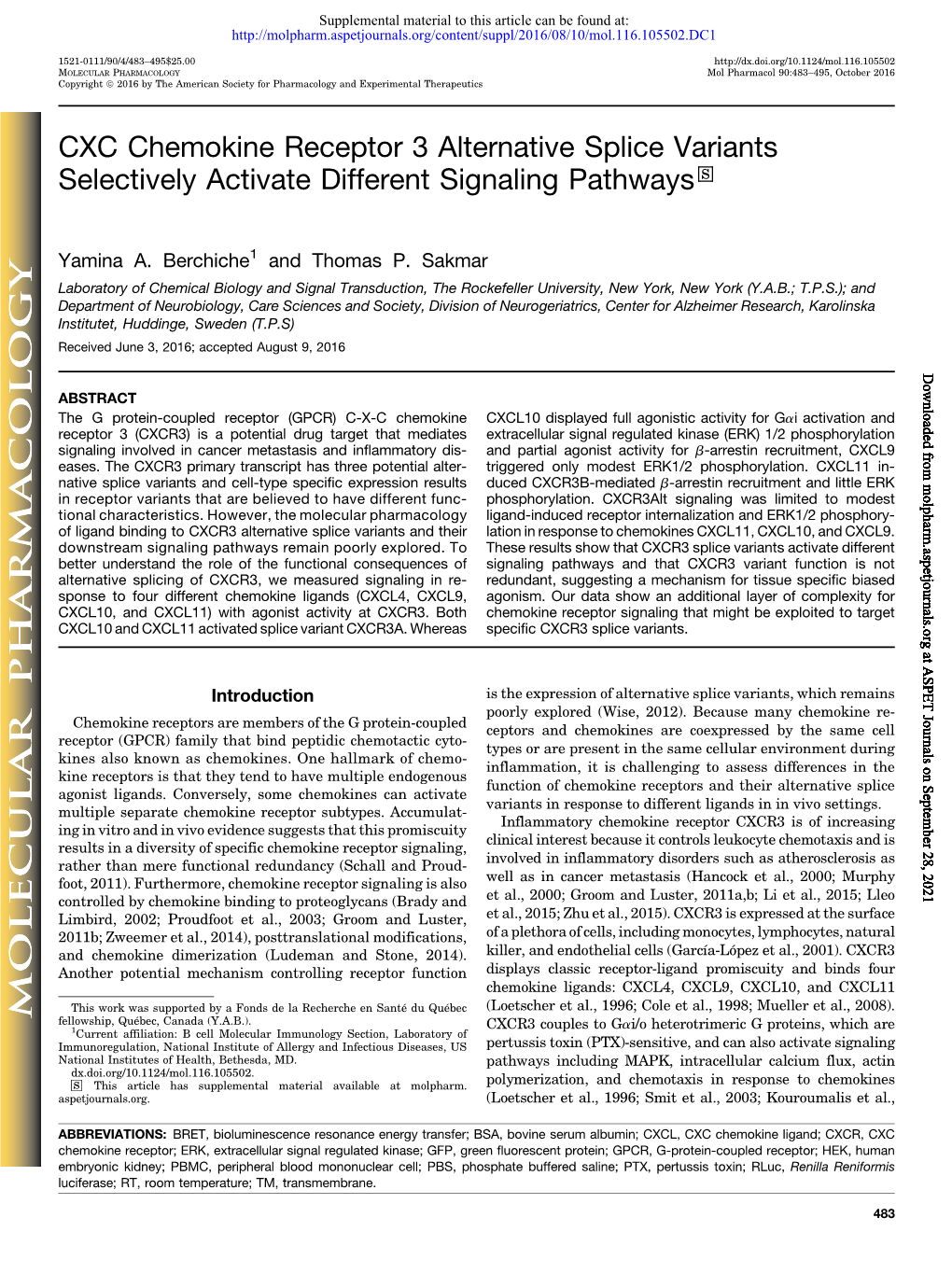 CXC Chemokine Receptor 3 Alternative Splice Variants Selectively Activate Different Signaling Pathways S