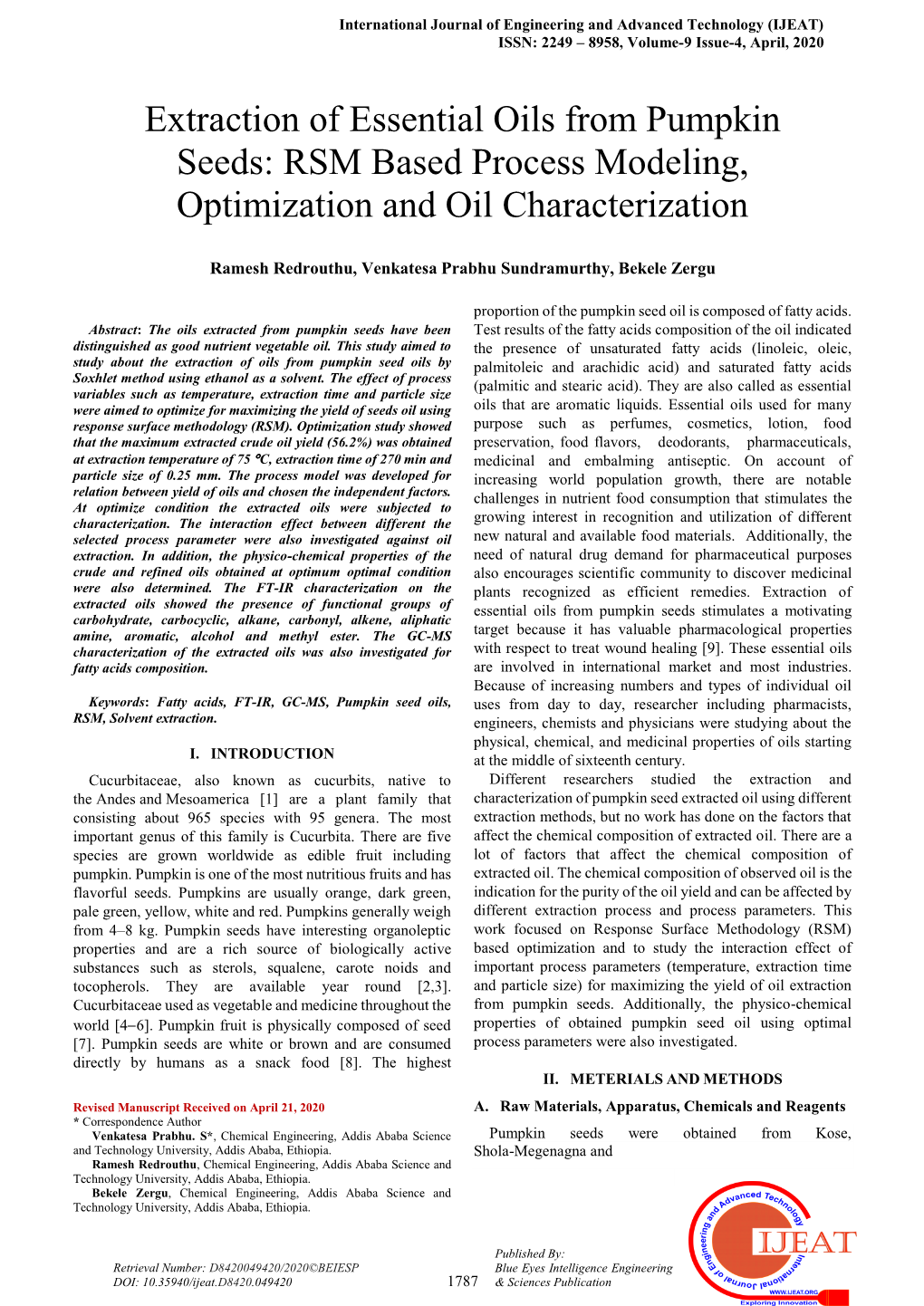 Extraction of Essential Oils from Pumpkin Seeds: RSM Based Process Modeling, Optimization and Oil Characterization