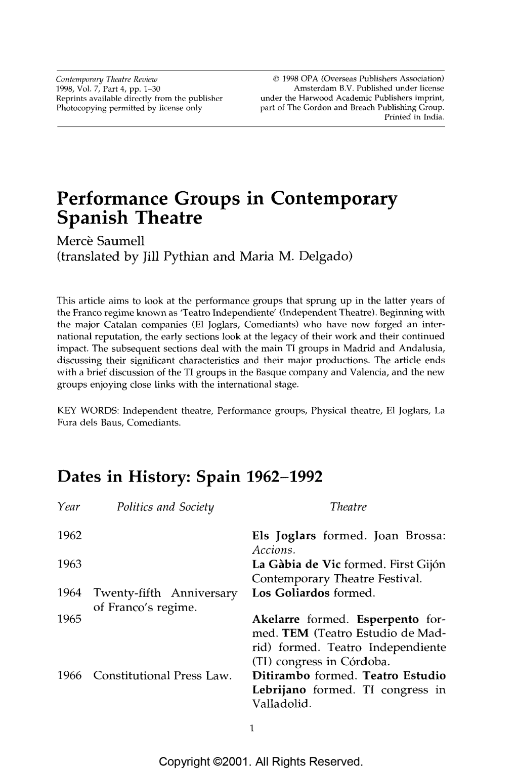 Performance Groups in Contemporary Spanish Theatre Mercè Saumell (Translated by Jill Pythian and Maria M