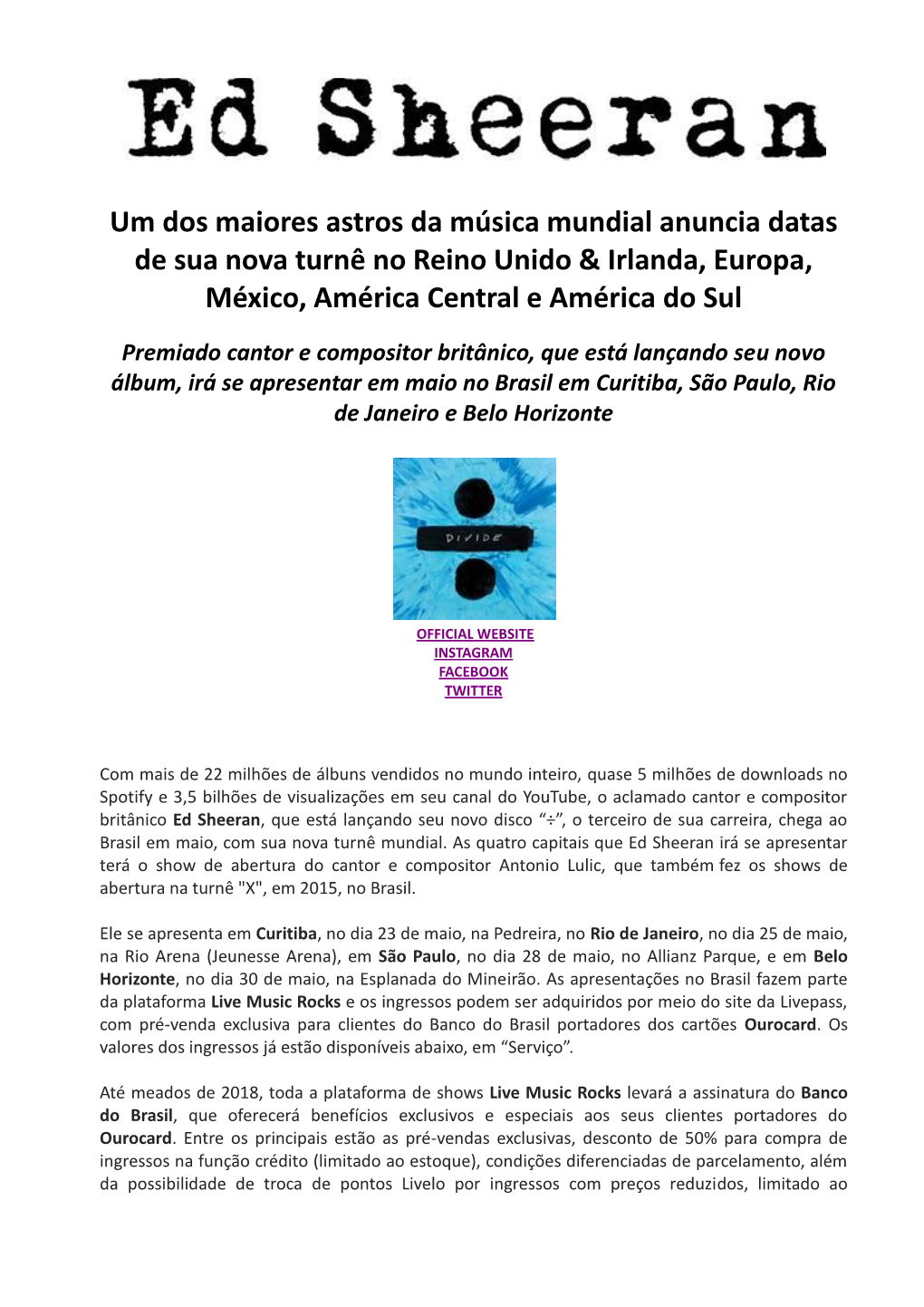 Um Dos Maiores Astros Da Música Mundial Anuncia Datas De Sua Nova Turnê No Reino Unido & Irlanda, Europa, México, América Central E América Do Sul