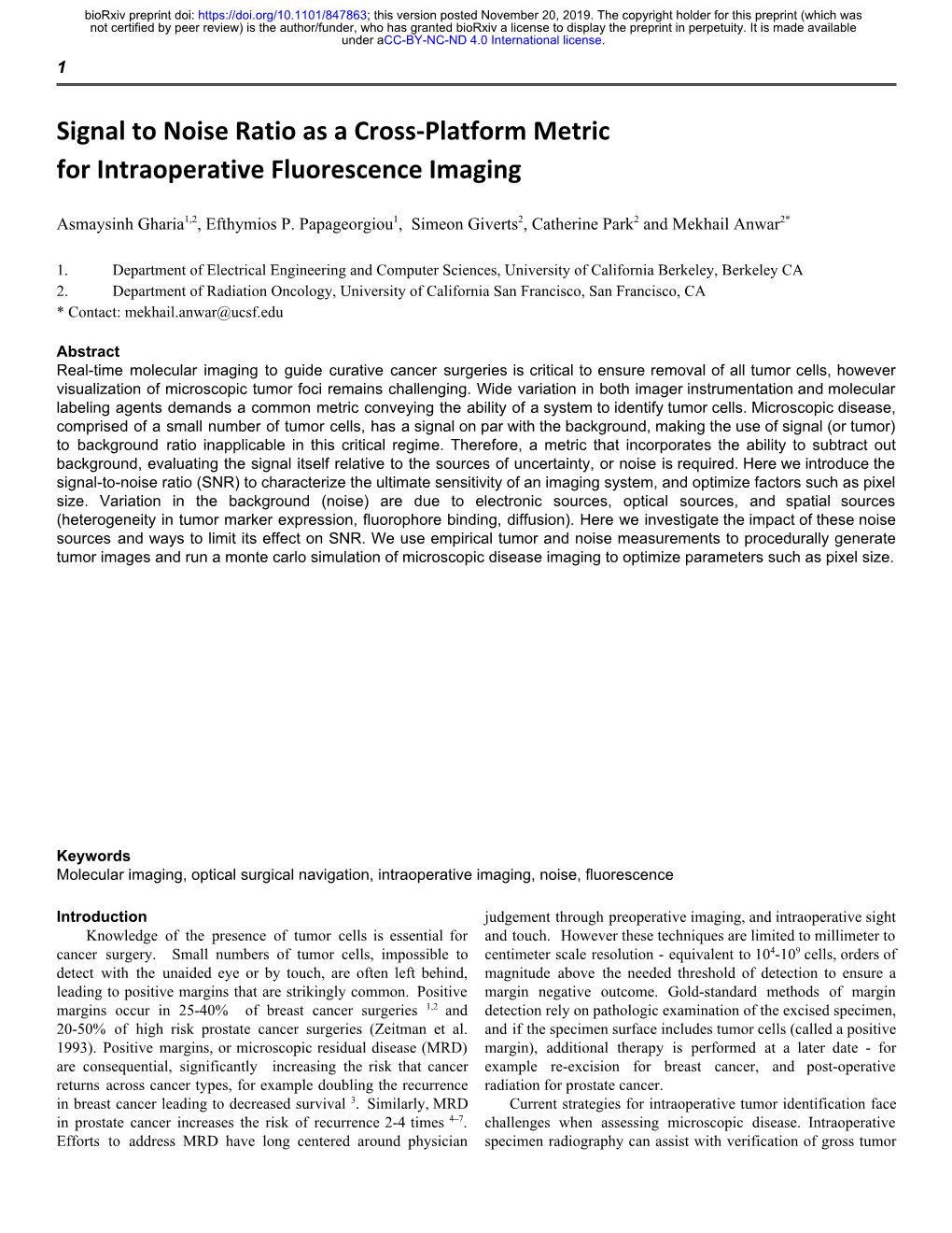 Signal to Noise Ratio As a Cross-Platform Metric for Intraoperative Fluorescence Imaging