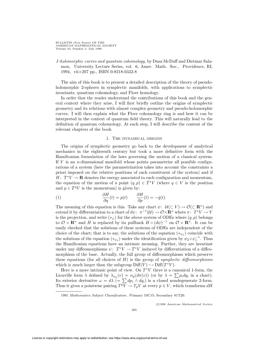 J-Holomorphic Curves and Quantum Cohomology, by Dusa Mcduff And