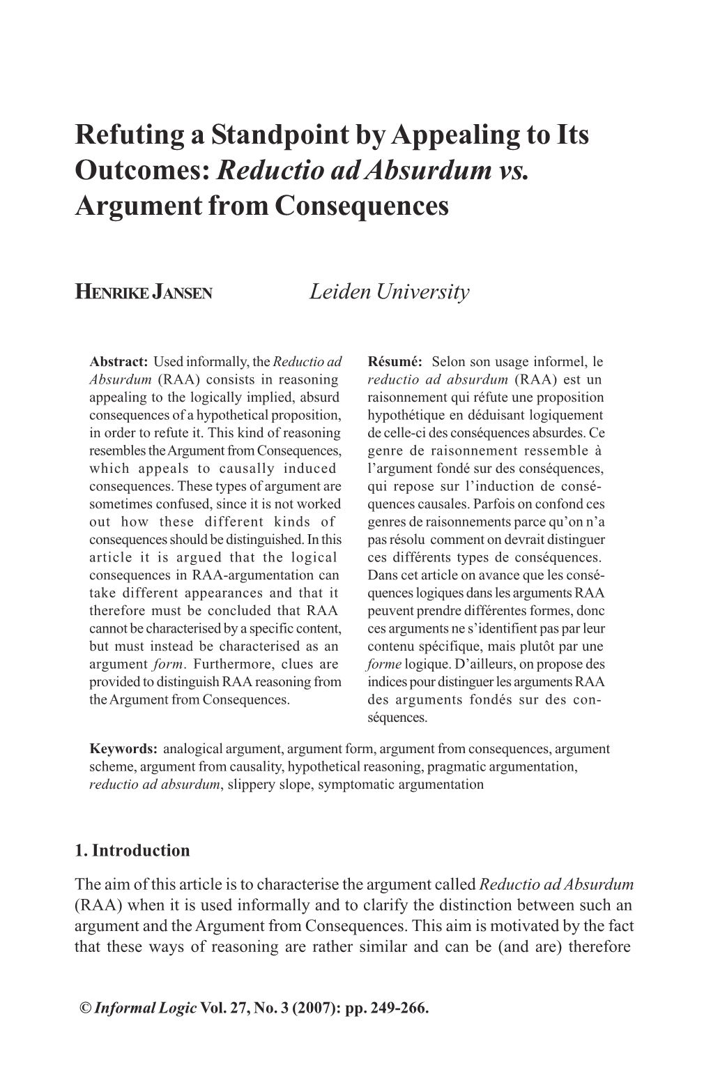 Reductio Ad Absurdum Vs. Argument from Consequences