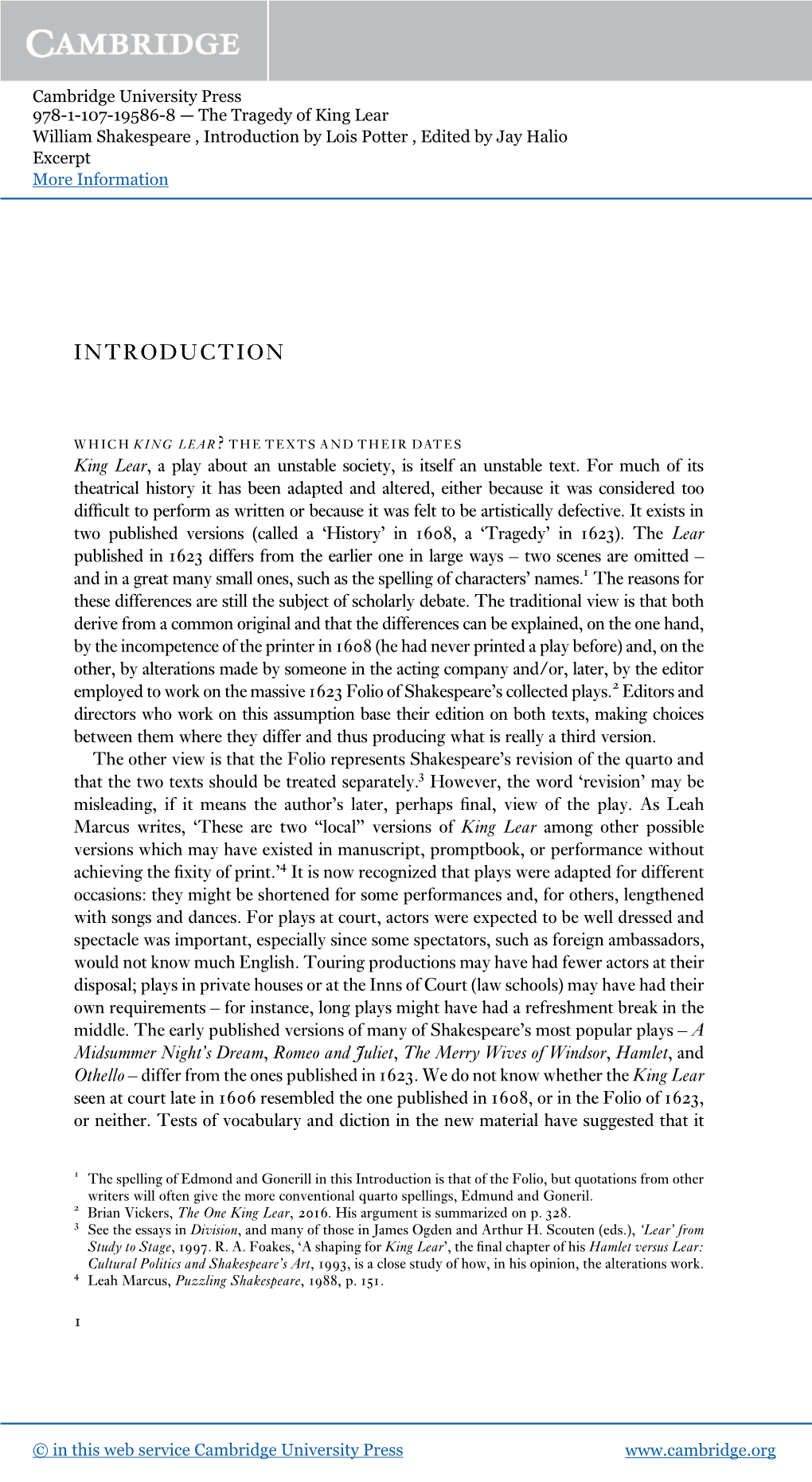 Introduction by Lois Potter , Edited by Jay Halio Excerpt More Information