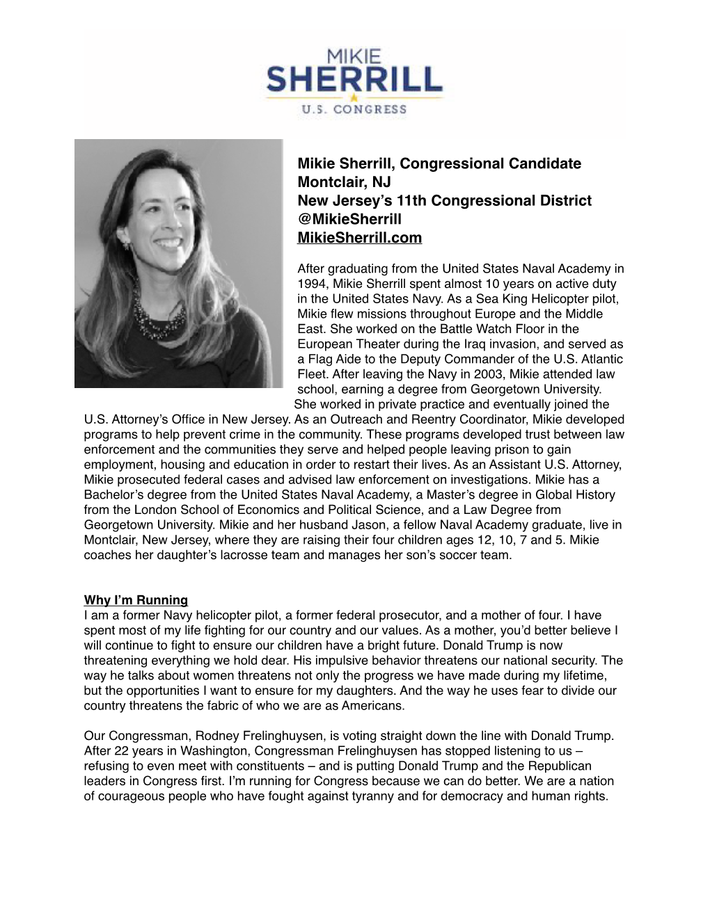 Mikie Sherrill, Congressional Candidate Montclair, NJ New Jersey’S 11Th Congressional District @Mikiesherrill Mikiesherrill.Com