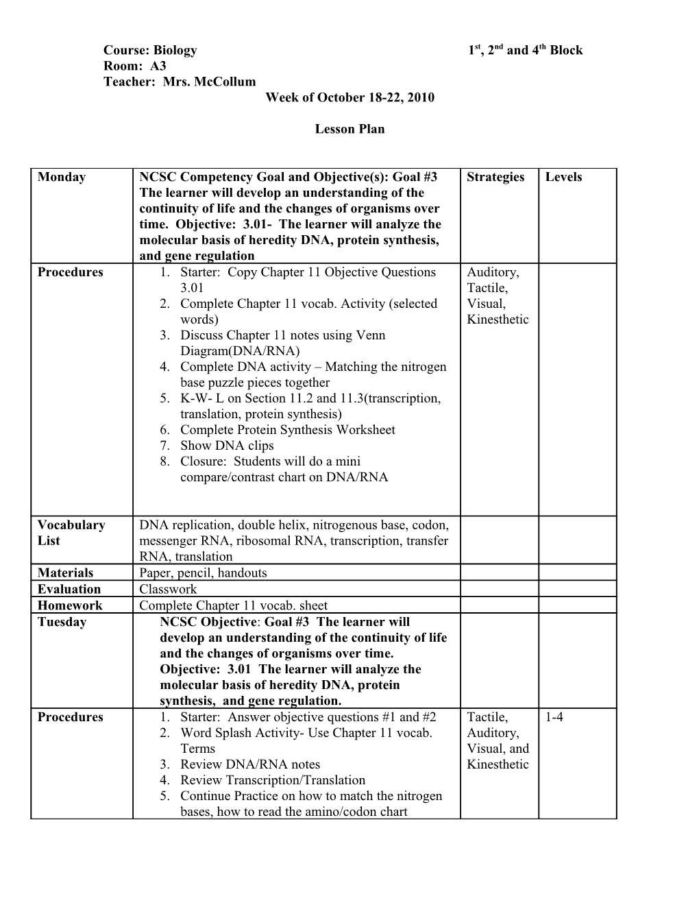 Course: Biology 1St, 2Nd and 4Th Block Room: A3