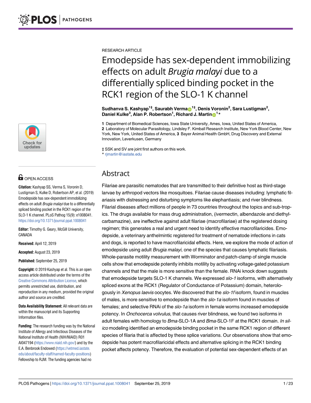 Emodepside Has Sex-Dependent Immobilizing Effects on Adult Brugia Malayi Due to a Differentially Spliced Binding Pocket in the RCK1 Region of the SLO-1 K Channel