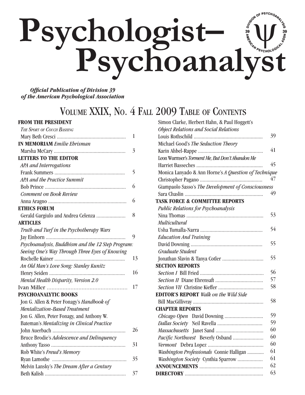 Volume XXIX, No. 4 Fall 2009 Table of Contents