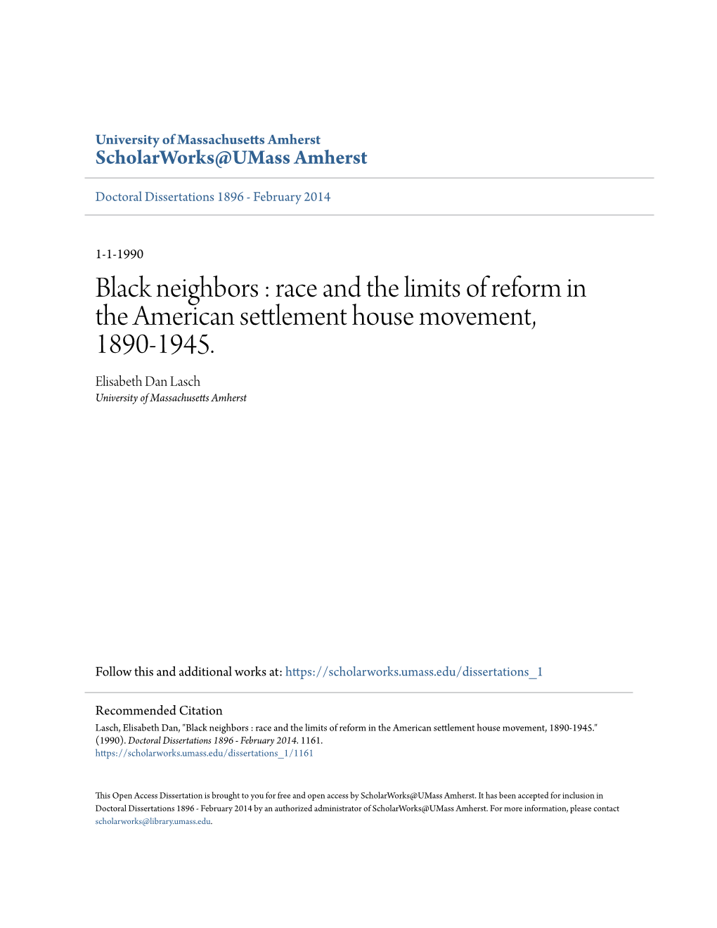 Race and the Limits of Reform in the American Settlement House Movement, 1890-1945