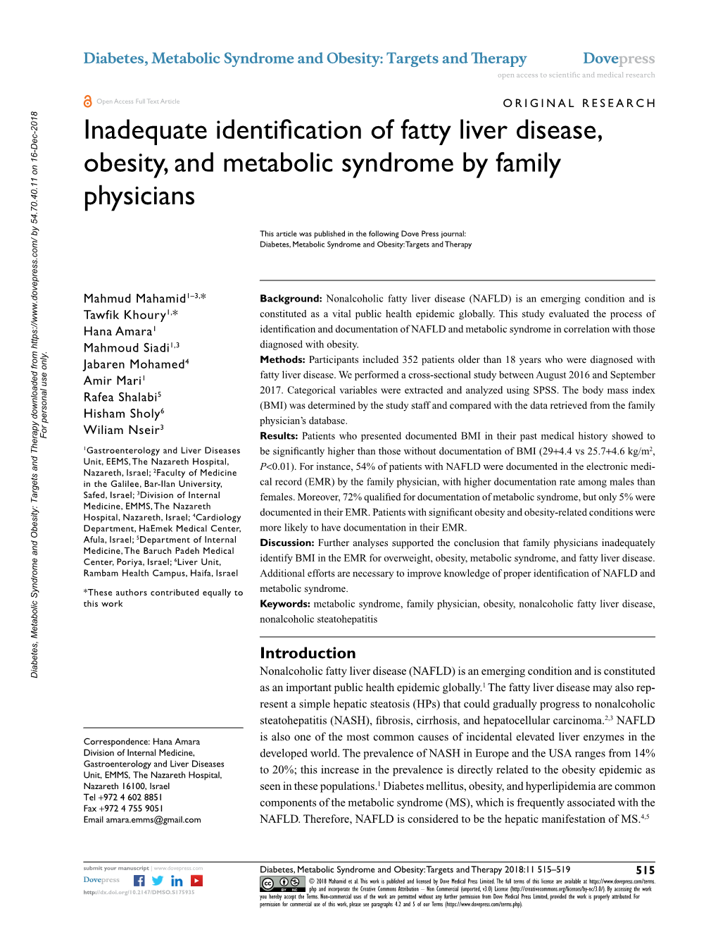 Inadequate Identification of Fatty Liver Disease, Obesity, and Metabolic Syndrome by Family Physicians