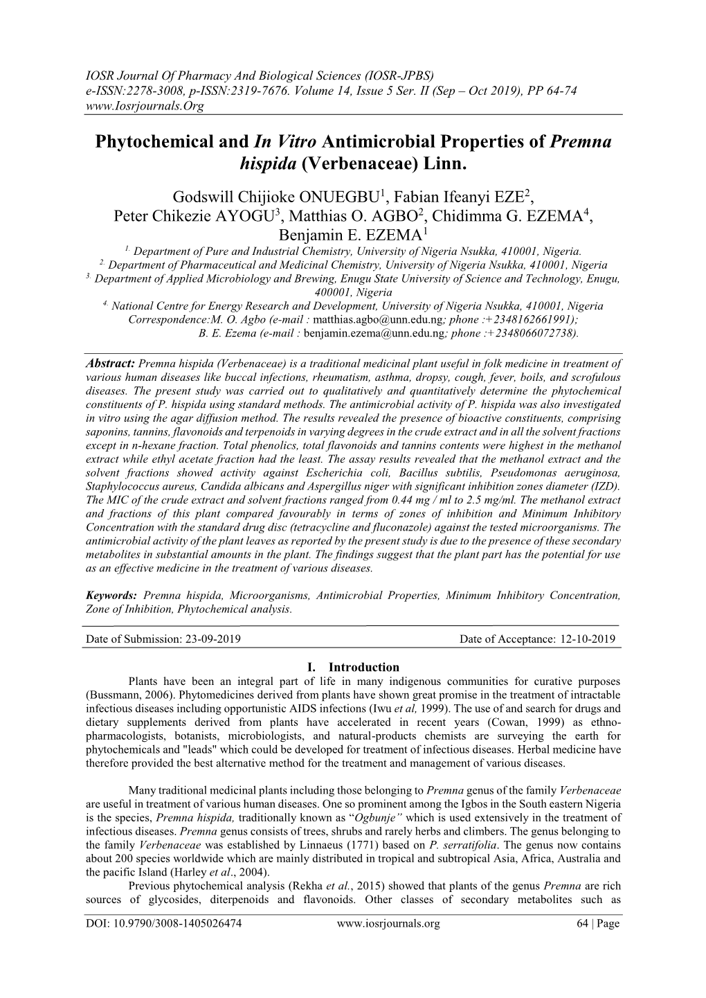 Phytochemical and in Vitro Antimicrobial Properties of Premna Hispida (Verbenaceae) Linn