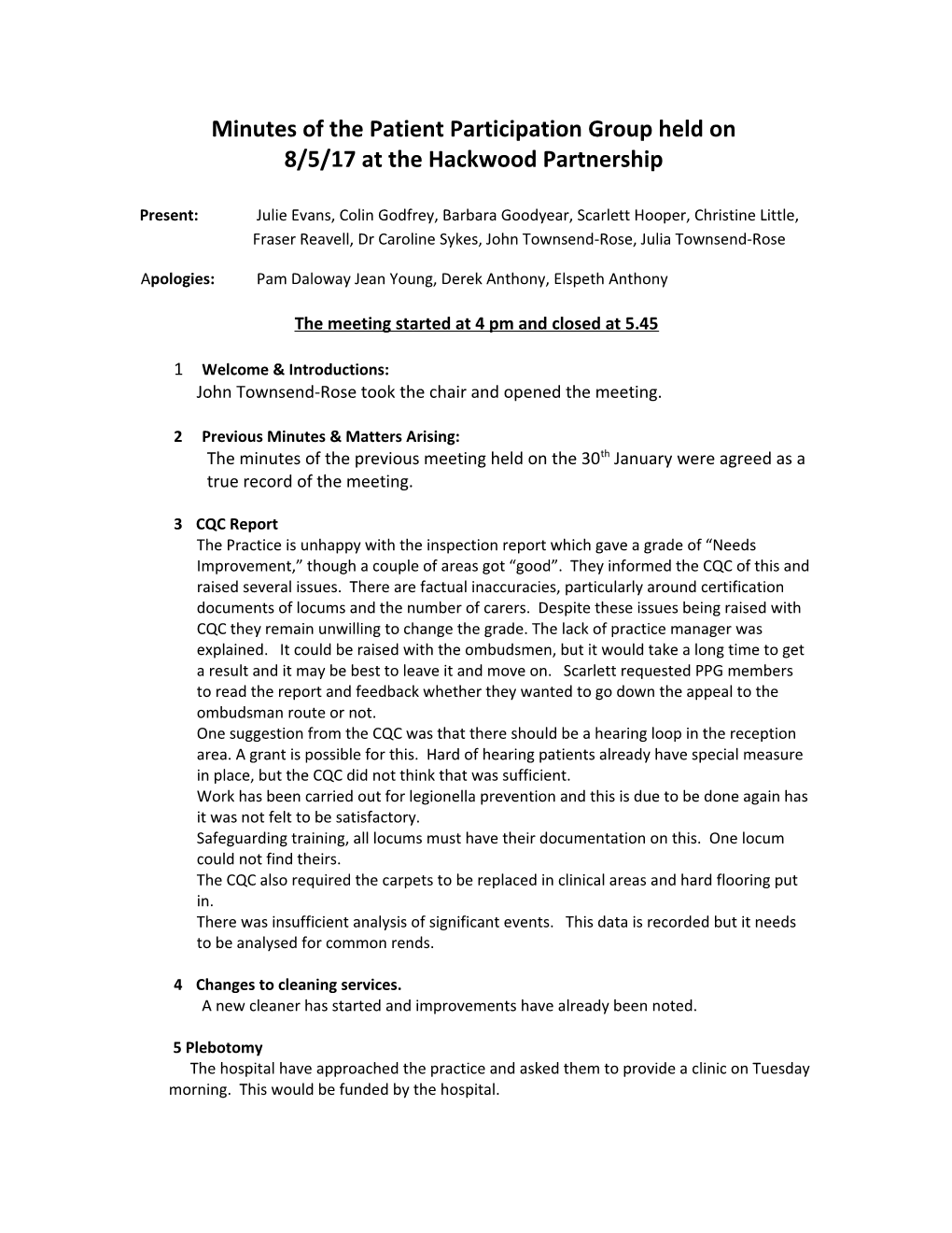 Minutes of the Patient Participation Group Held On