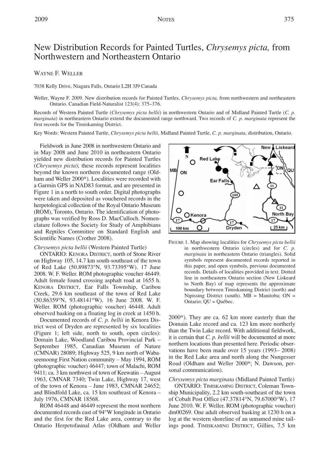 New Distribution Records for Painted Turtles, Chrysemys Picta, from Northwestern and Northeastern Ontario