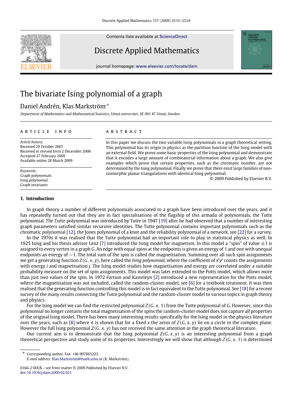 Discrete Applied Mathematics the Bivariate Ising Polynomial of a Graph