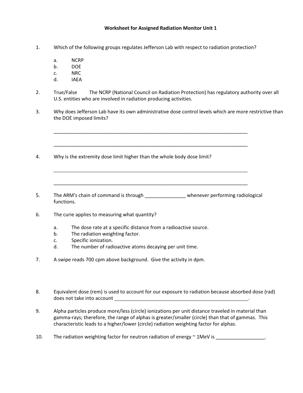 Worksheet for Assigned Radiation Monitor Unit 1 Self Study