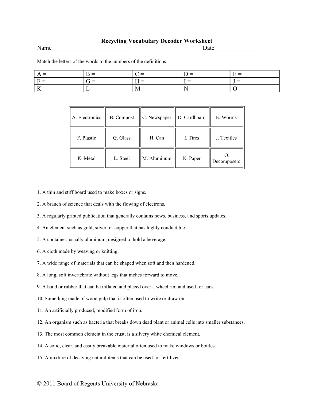 Recycling Vocabulary Decoder Worksheet