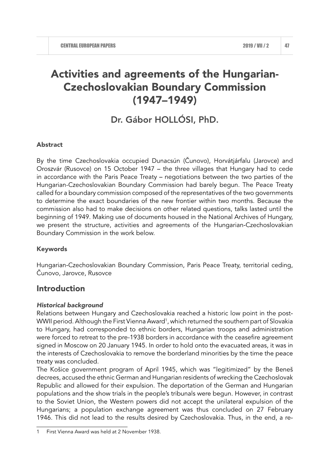 Activities and Agreements of the Hungarian-Czechoslovakian Boundary Commission in the Work Below