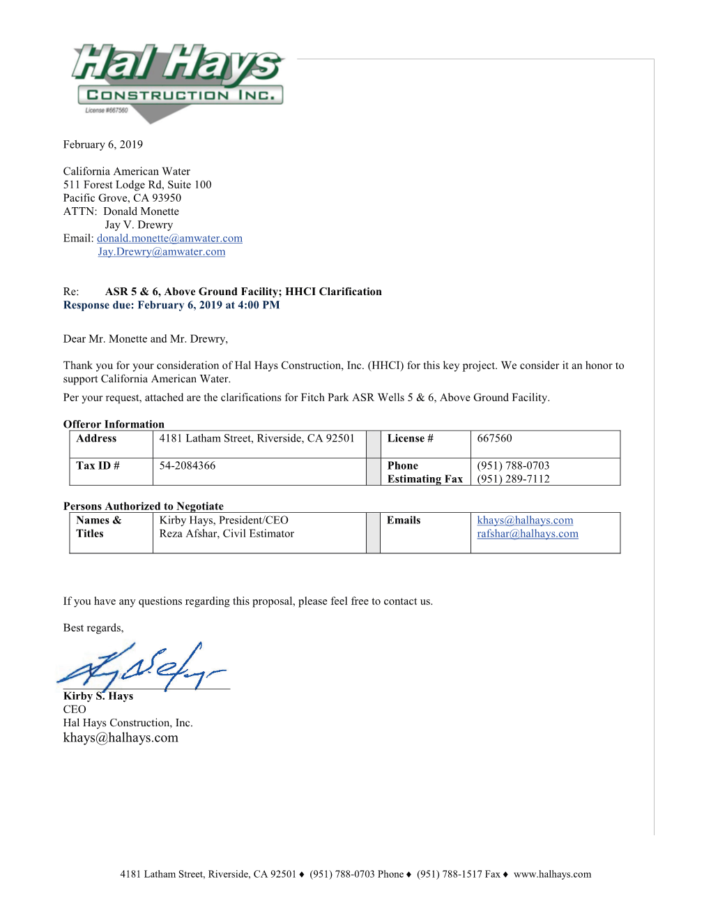 Proposal Hal Hays HHCI Response