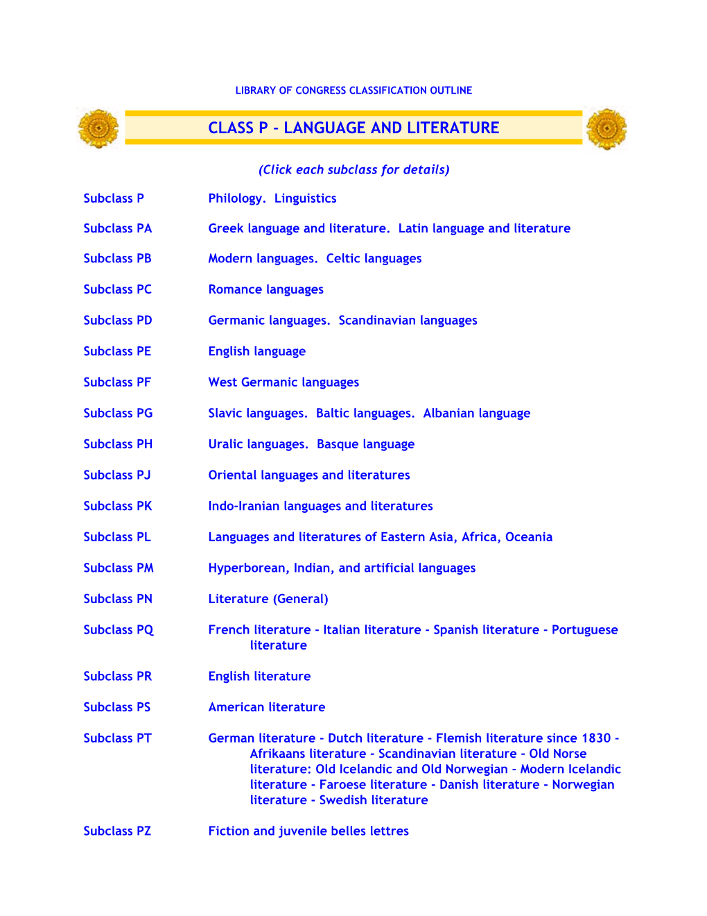 Library of Congress Classification Outline: Class P