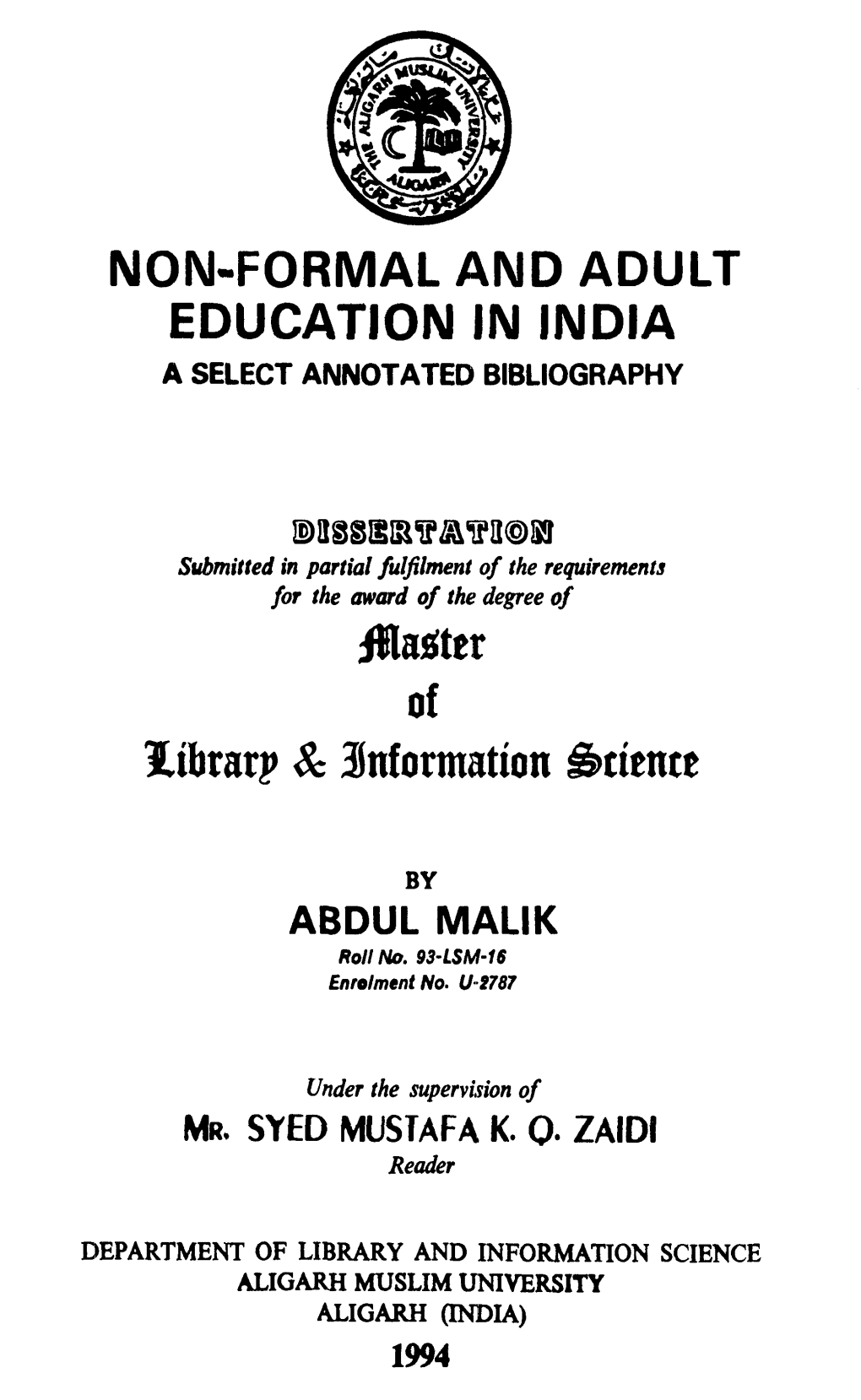 Non-Formal and Adult Education in India a Select Annotated Bibliography