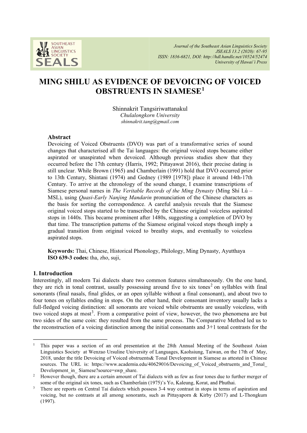 Ming Shilu As Evidence of Devoicing of Voiced Obstruents in Siamese1