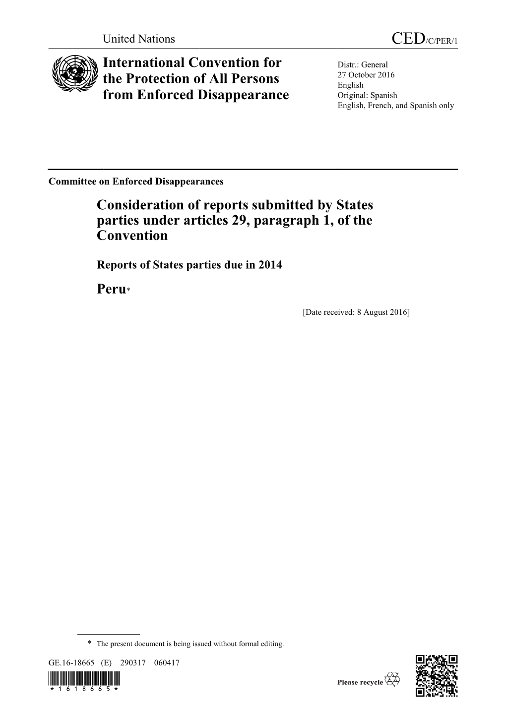 International Convention for the Protection of All Persons from Enforced Disappearance by Legislative Decision No