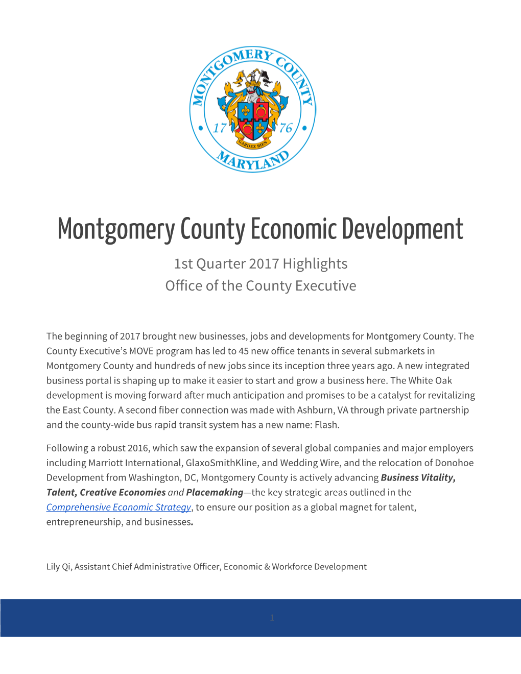 Montgomery County Economic Development 1St Quarter 2017 Highlights Office of the County Executive