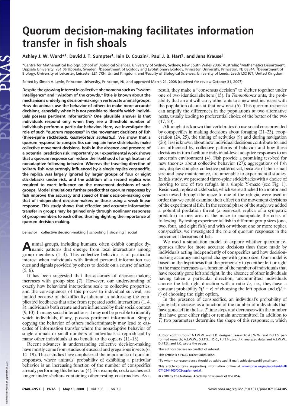 Quorum Decision-Making Facilitates Information Transfer in Fish Shoals