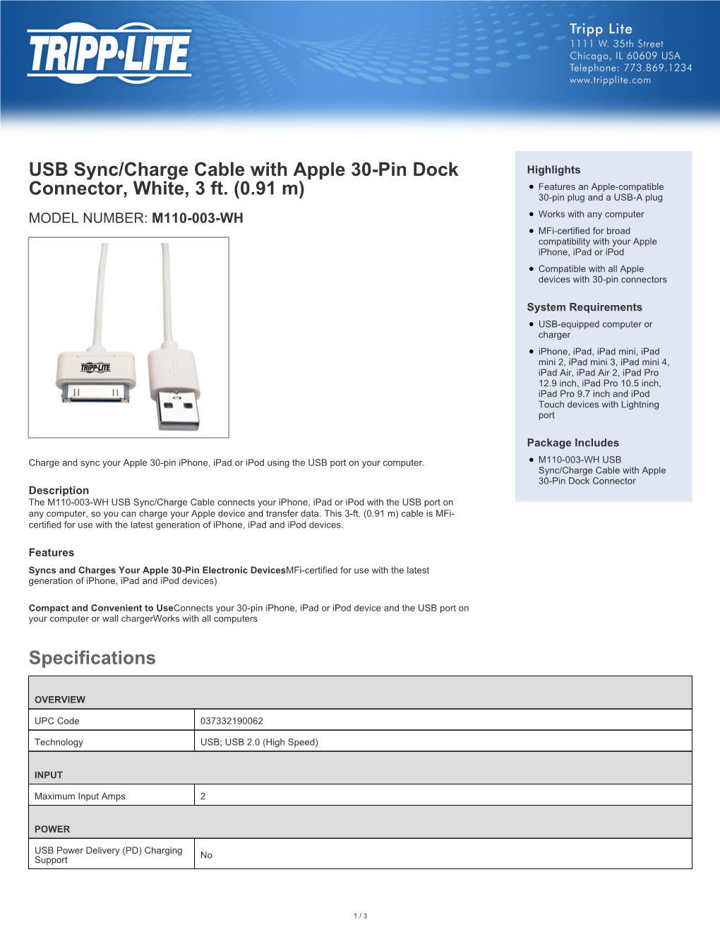 Specifications USB Sync/Charge Cable with Apple 30-Pin