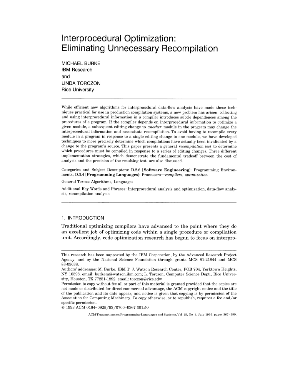 Interprocedural Optimization: Eliminating Unnecessary Recompilation