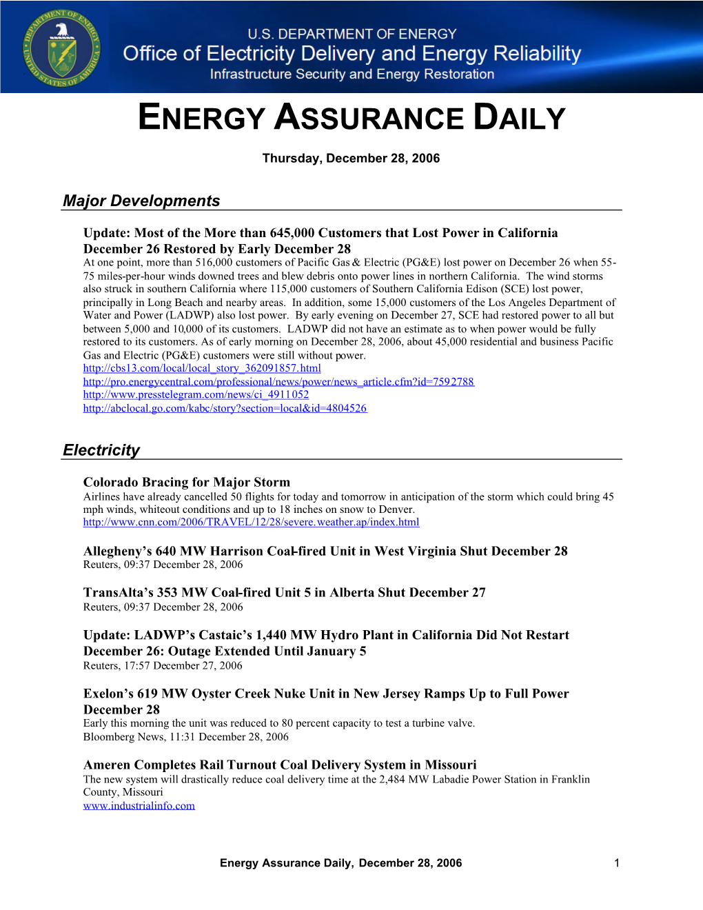 Energy Assurance Daily, December 28, 2006