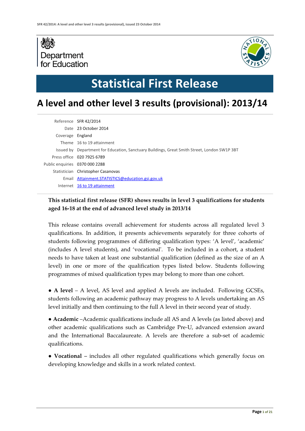 Statistical First Release