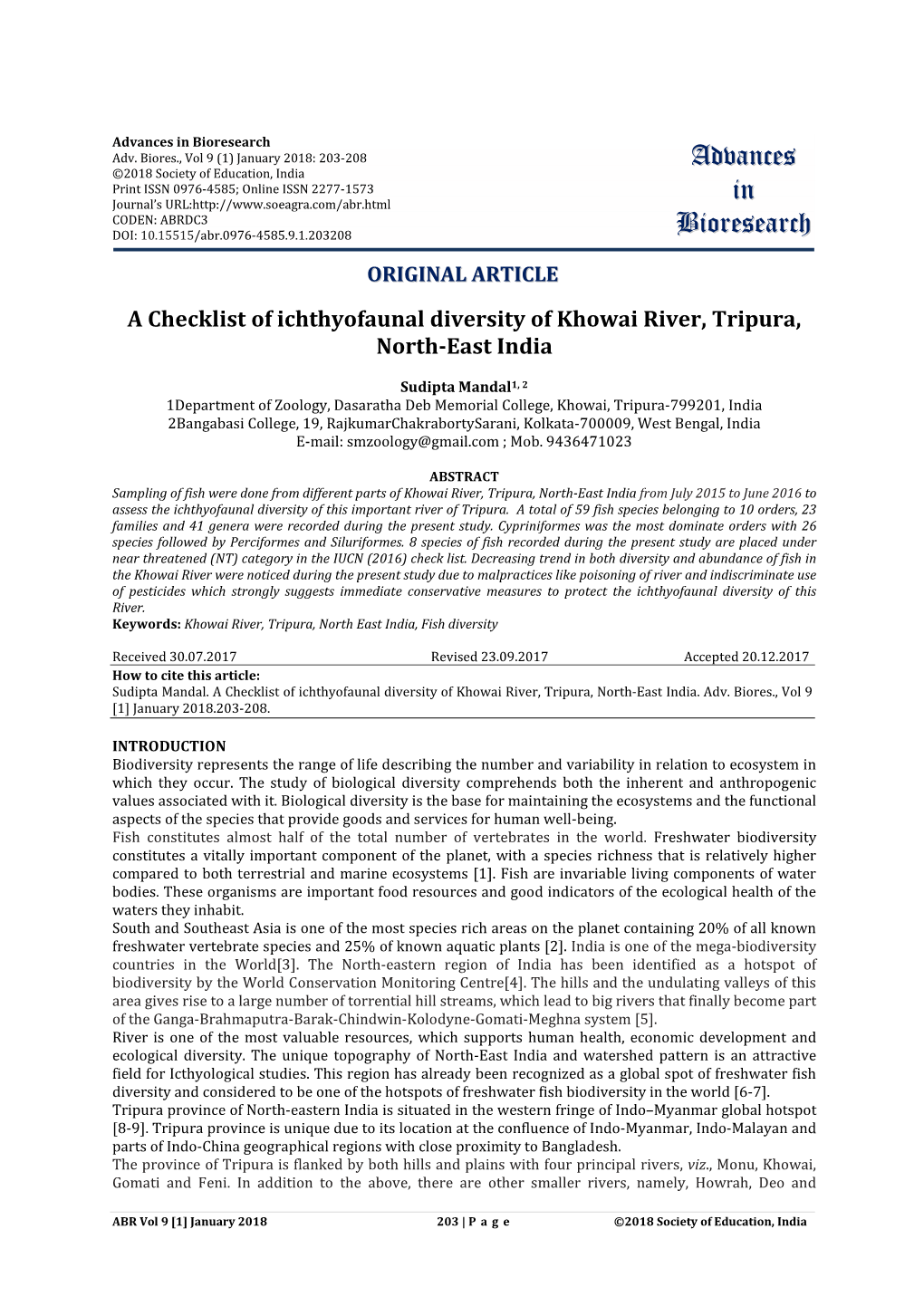 A Checklist of Ichthyofaunal Diversity of Khowai River, Tripura, North-East India