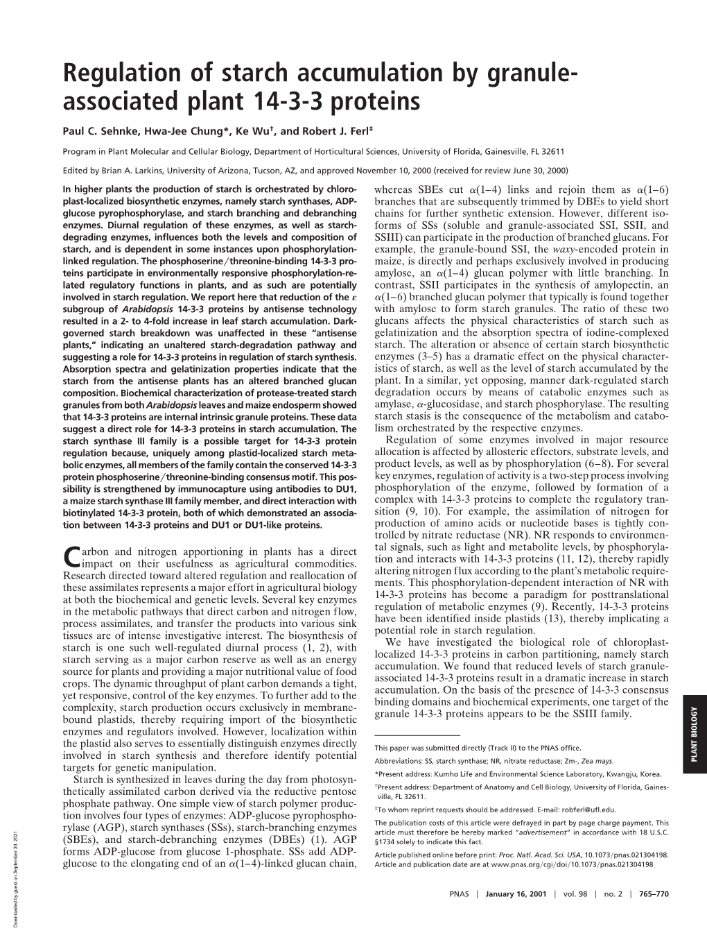 Regulation of Starch Accumulation by Granule- Associated Plant 14-3-3 Proteins