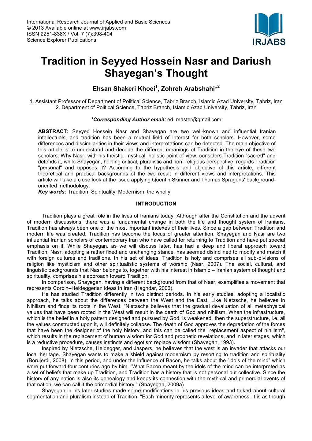 Tradition in Seyyed Hossein Nasr and Dariush Shayegan's Thought