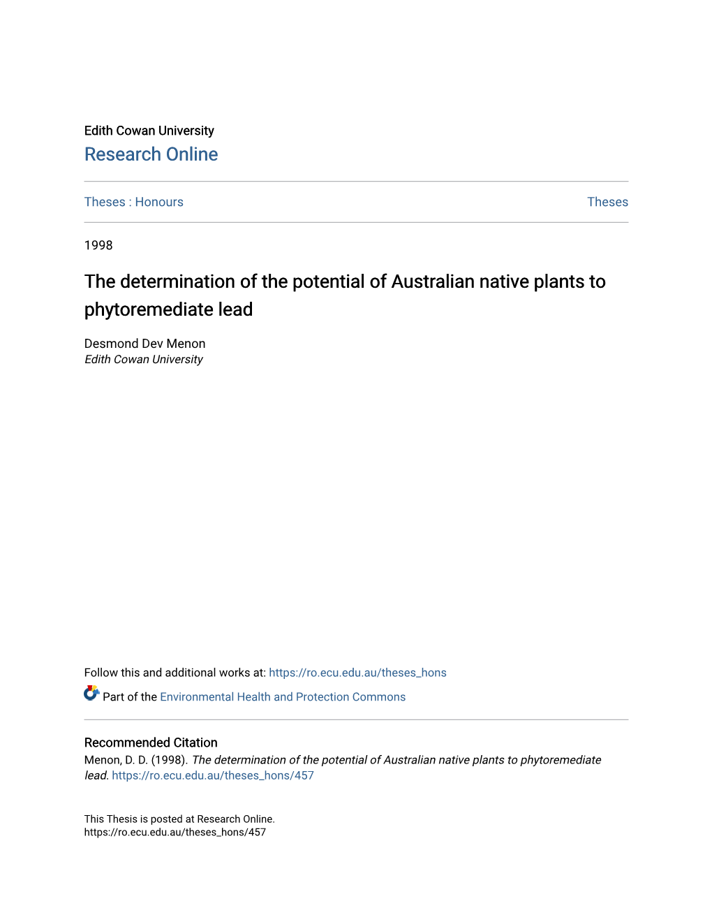 The Determination of the Potential of Australian Native Plants to Phytoremediate Lead