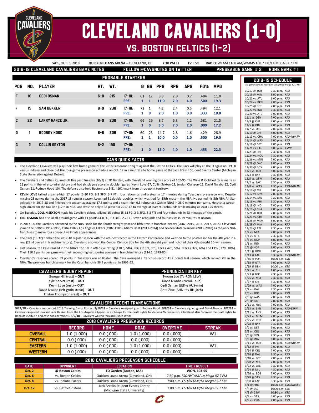 Monday, January 22, 2007 Quicken Loans Arena, Cleveland, Oh (Wtam, Fsn Oh) 7:00 Pm