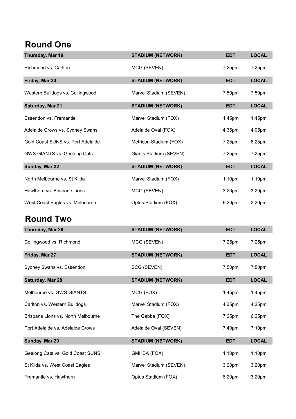 Round One Thursday, Mar 19 STADIUM (NETWORK) EDT LOCAL