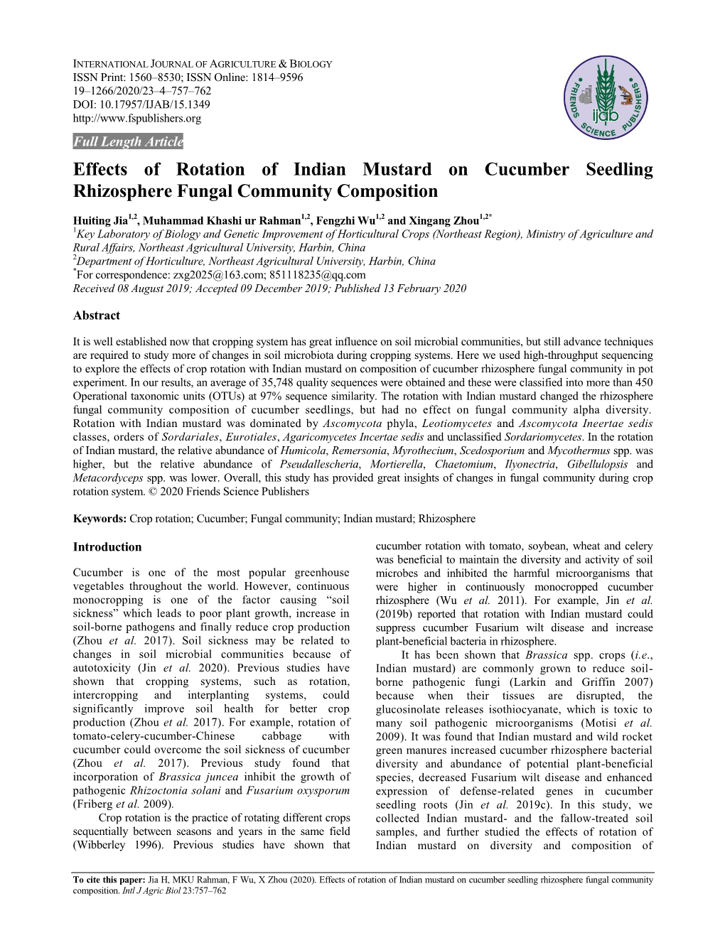 Effects of Rotation of Indian Mustard on Cucumber Seedling Rhizosphere Fungal Community Composition