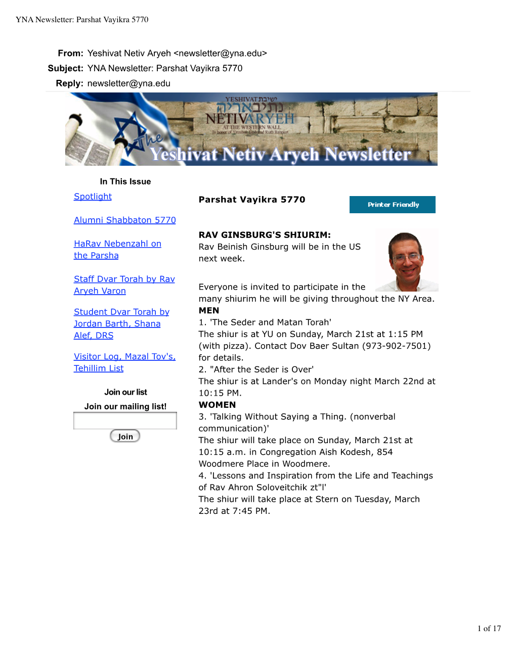 YNA Newsletter: Parshat Vayikra 5770 Reply: Newsletter@Yna.Edu