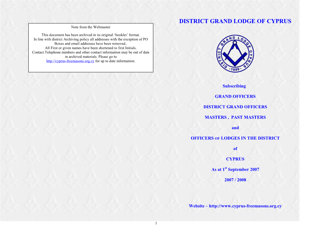 DISTRICT GRAND LODGE of CYPRUS Note from the Webmaster