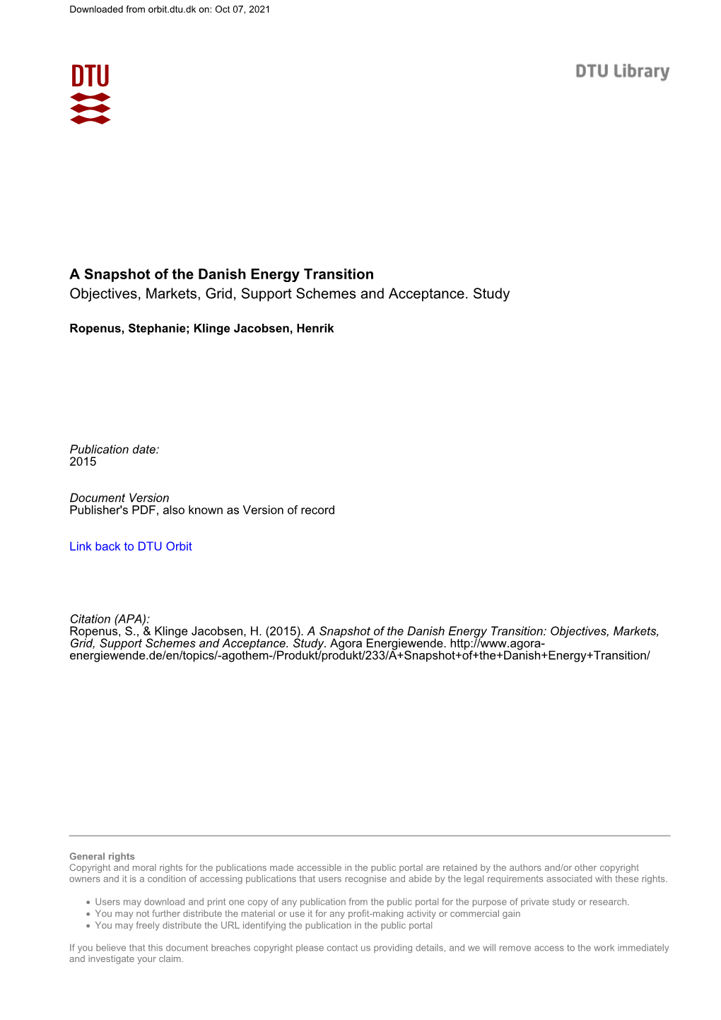 Agora Snapshot of the Danish Energy Transition