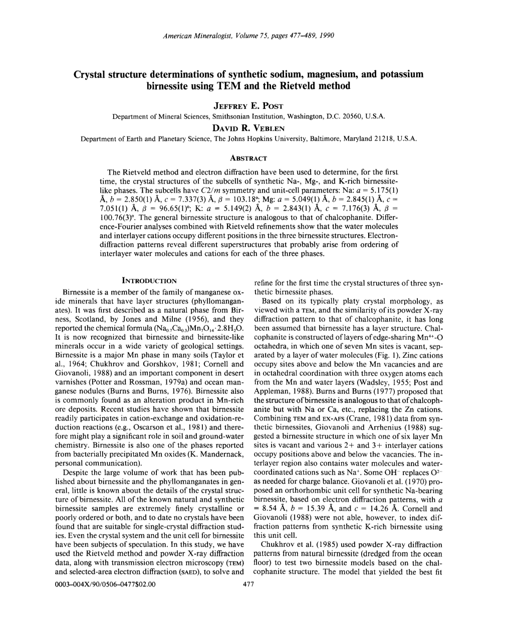 Crystal Structure Determinations of Synthetic Sodium, Magnesium, and Potassium Birnessite Using TEM and the Rietveld Method