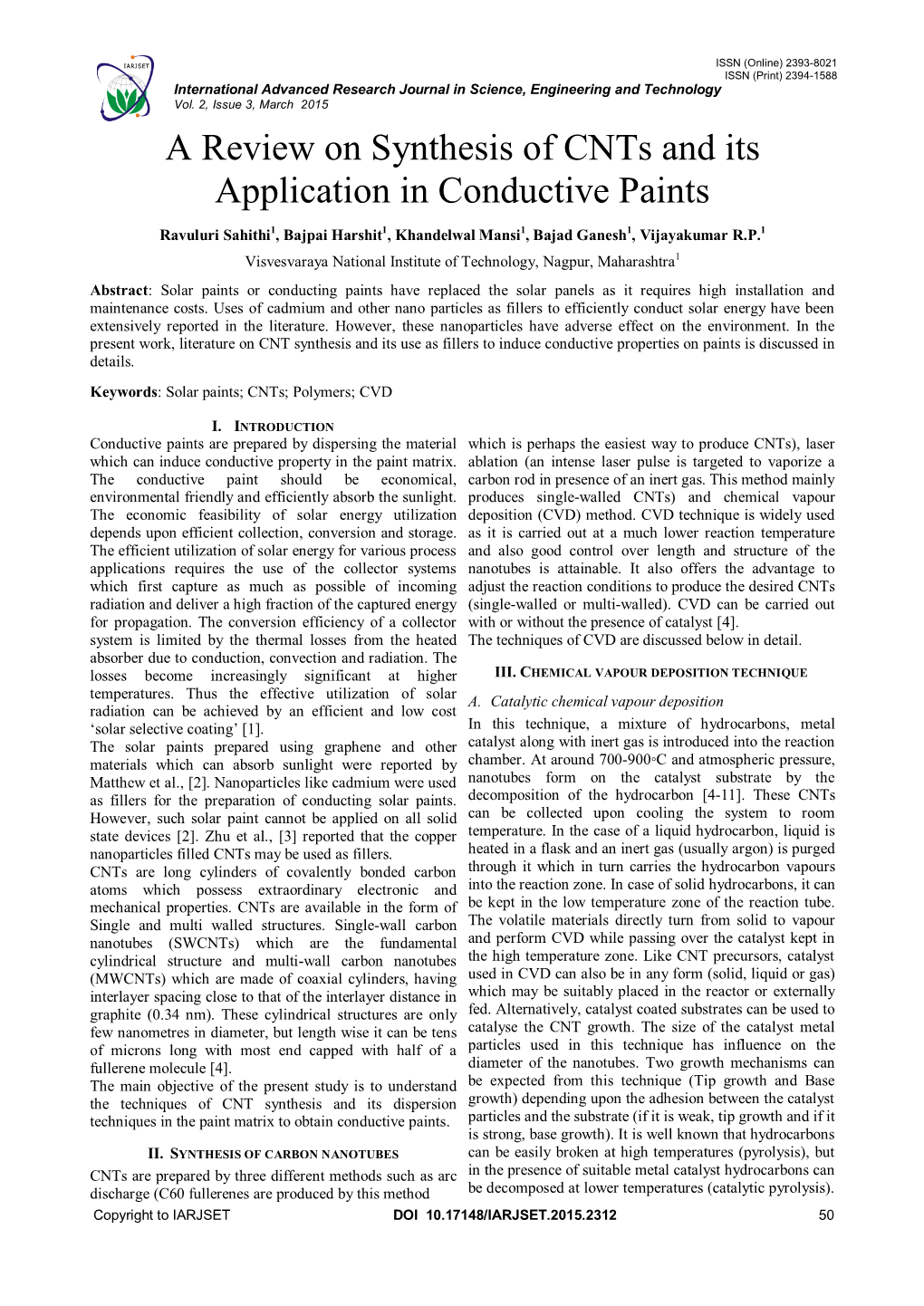 A Review on Synthesis of Cnts and Its Application in Conductive Paints